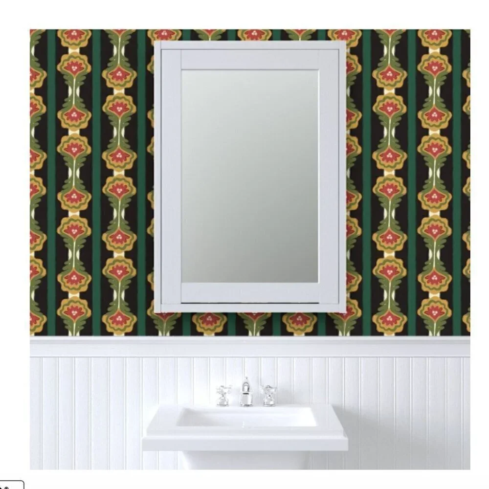 Spoonflower x Dani Dazey Pinstripe Plant - Gold, Green Red Non Pasted Wallpaper